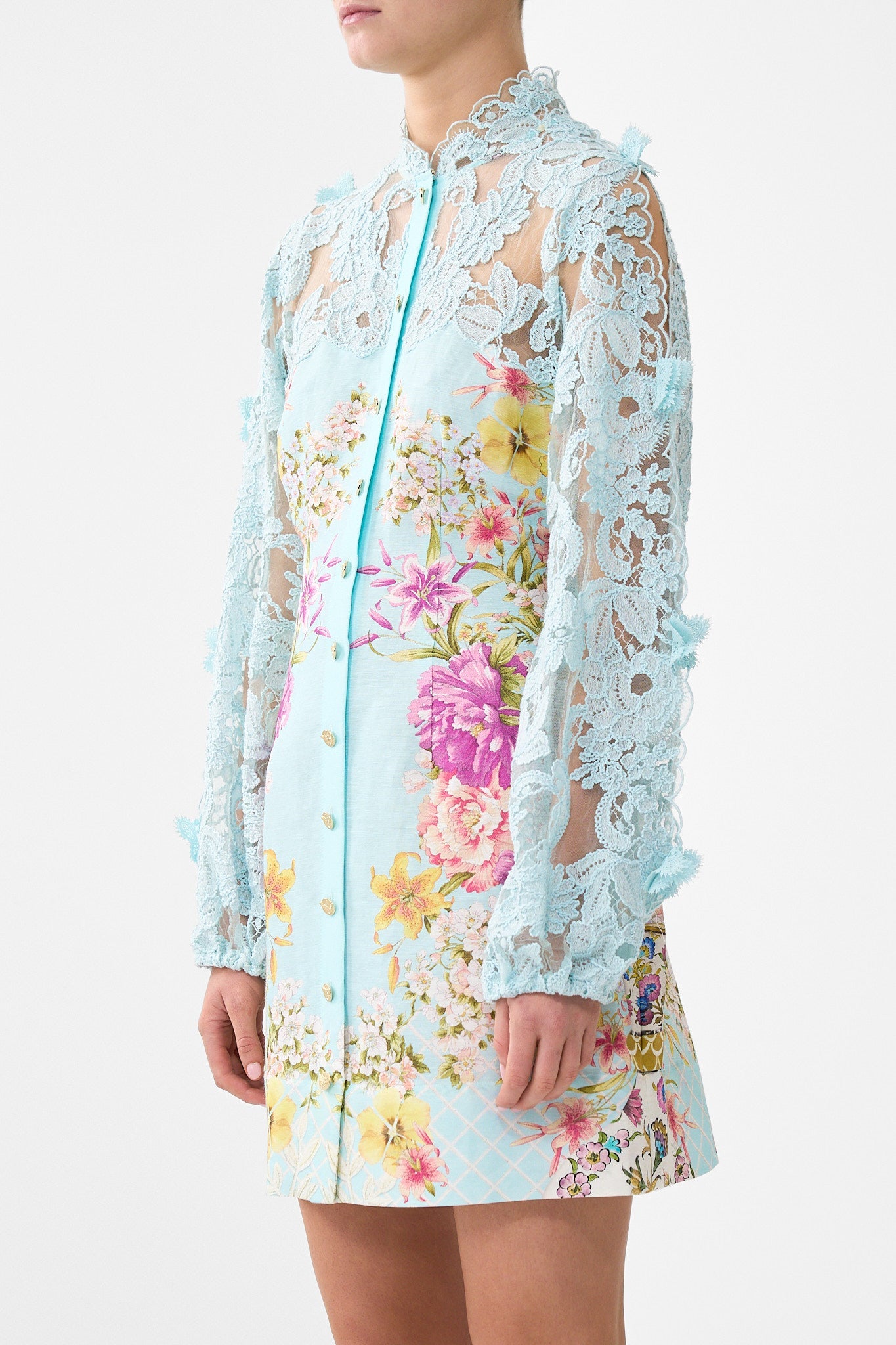 The CAMILLA PUFF SLEEVE MIDI SHIRT DRESS WITH TIE BAZAAR BLOOMS in our  print.