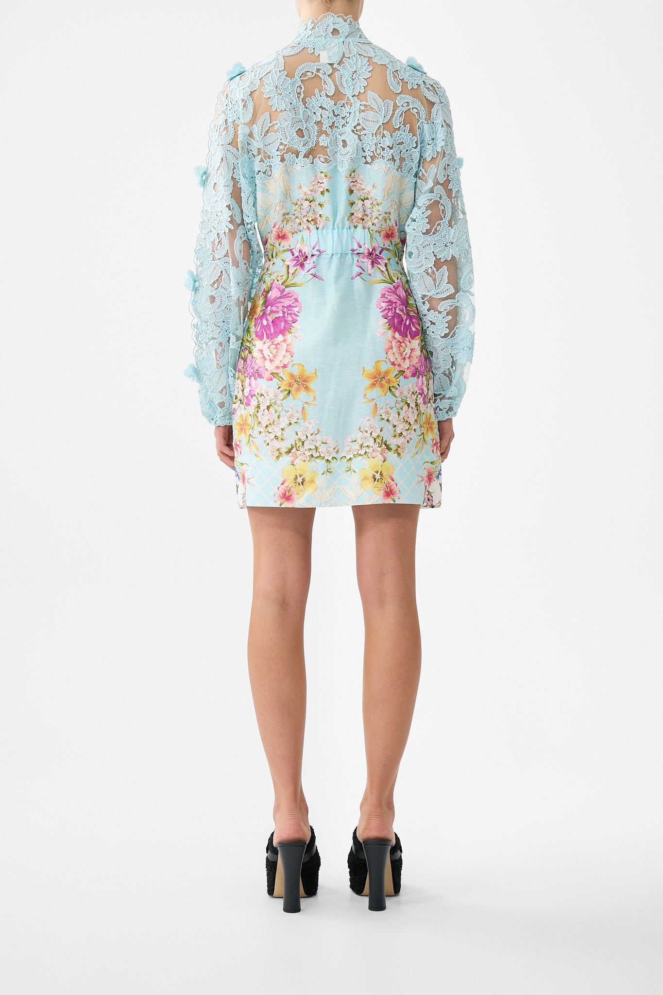 The CAMILLA PUFF SLEEVE MIDI SHIRT DRESS WITH TIE BAZAAR BLOOMS in our  print.