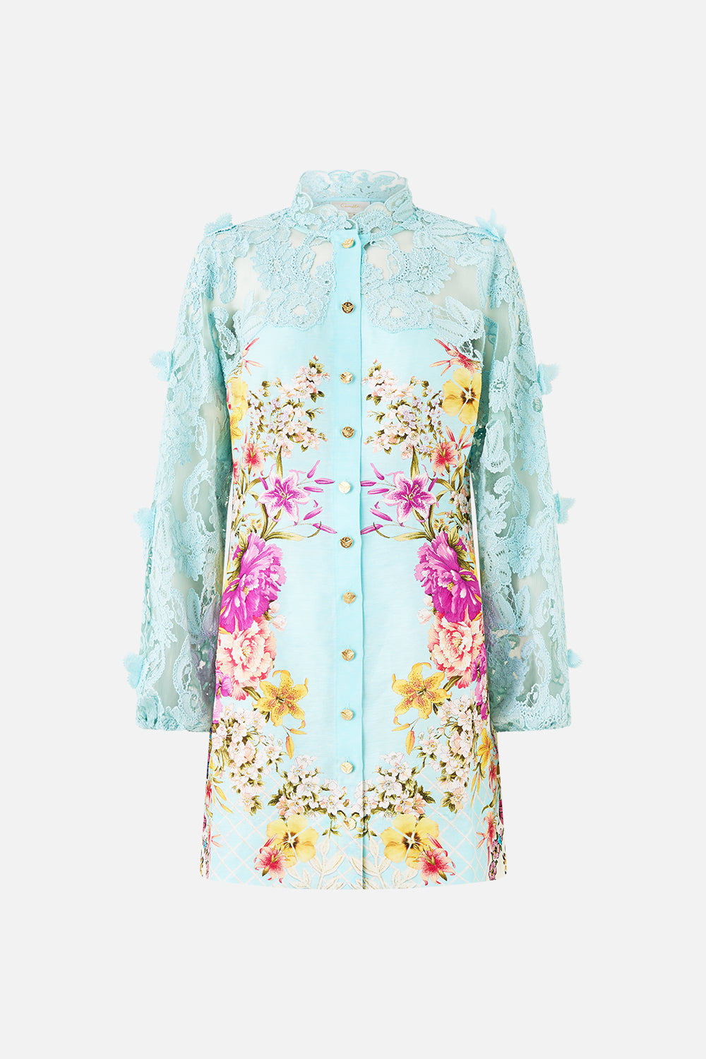 The CAMILLA PUFF SLEEVE MIDI SHIRT DRESS WITH TIE BAZAAR BLOOMS in our  print.