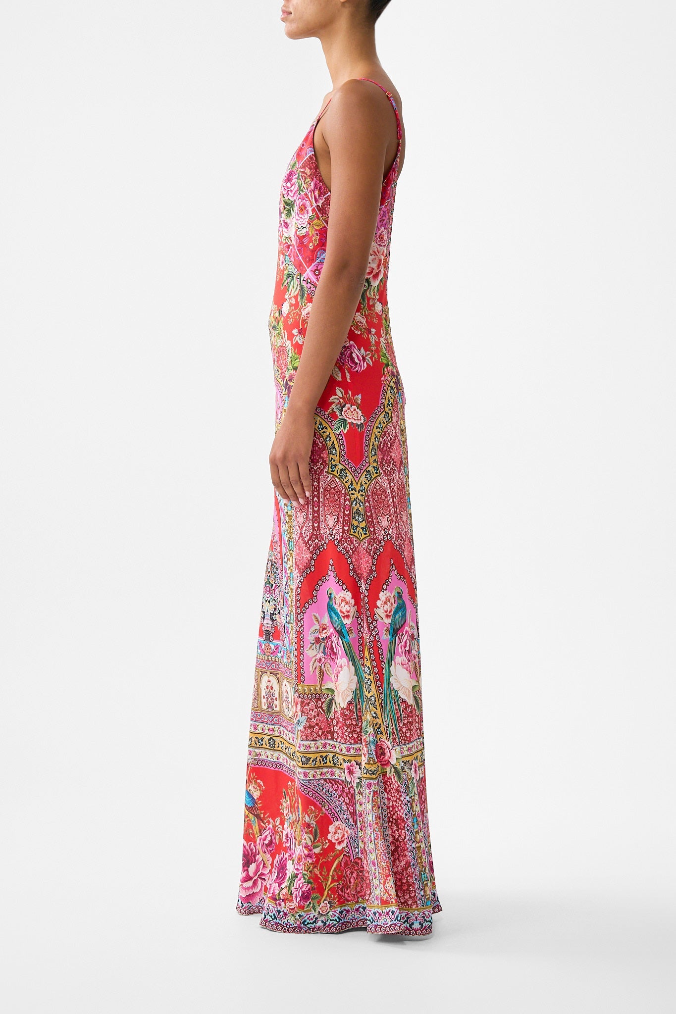 The CAMILLA RUFFLE HEM HALTER SHORT DRESS BODRUM BOTANICALS in our BODRUM BOTANICALS print.