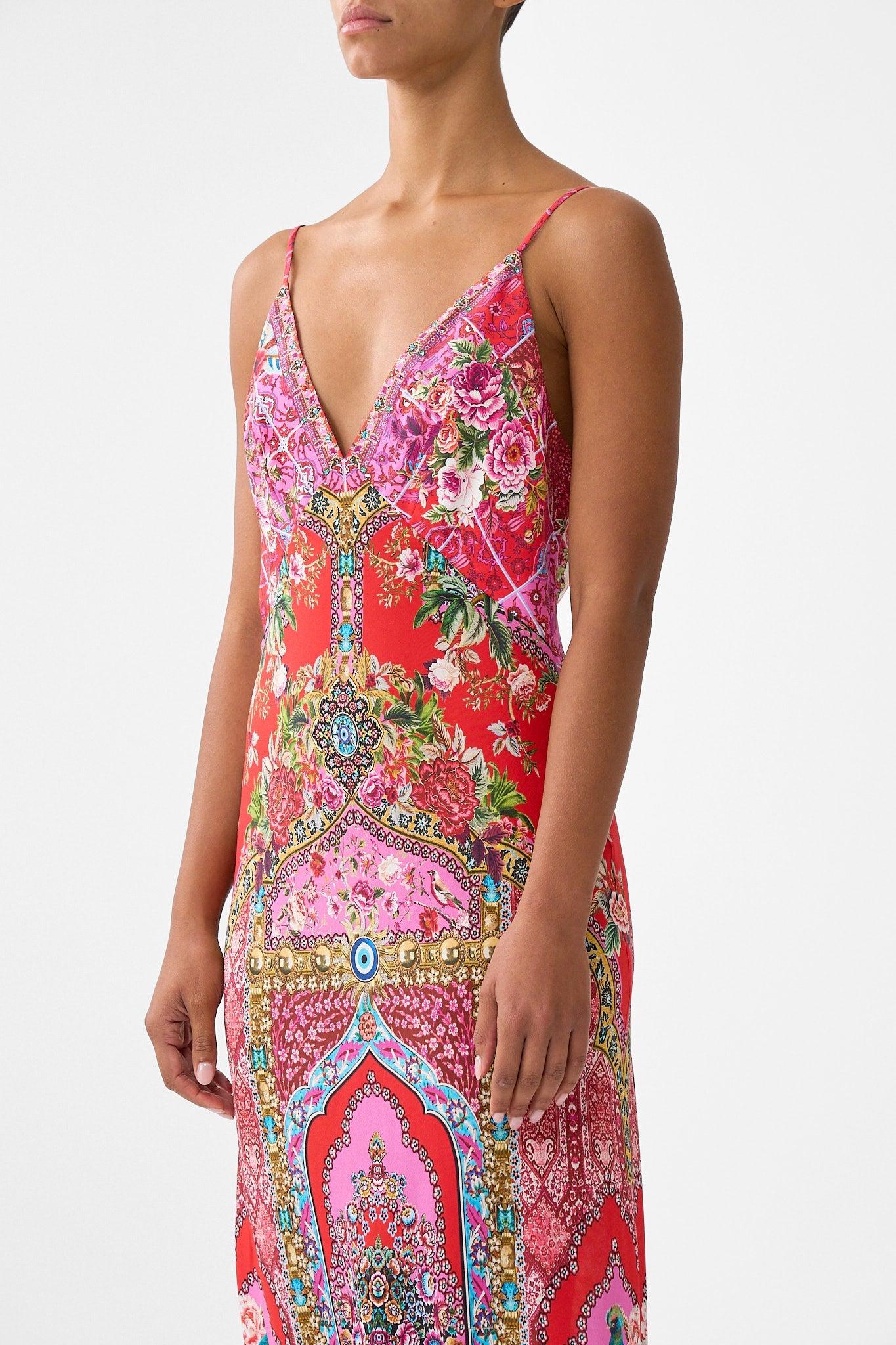 The CAMILLA RUFFLE HEM HALTER SHORT DRESS BODRUM BOTANICALS in our  print.