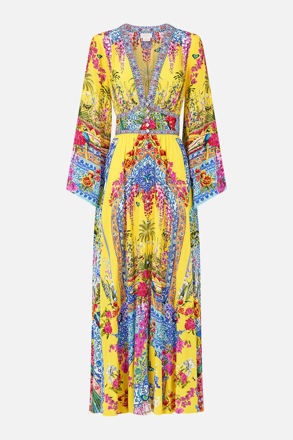 The CAMILLA CRINKLE STRETCH LONG SARONG WITH TRIM AND LEG SPLIT FELINE FOLKLORE in our  print.