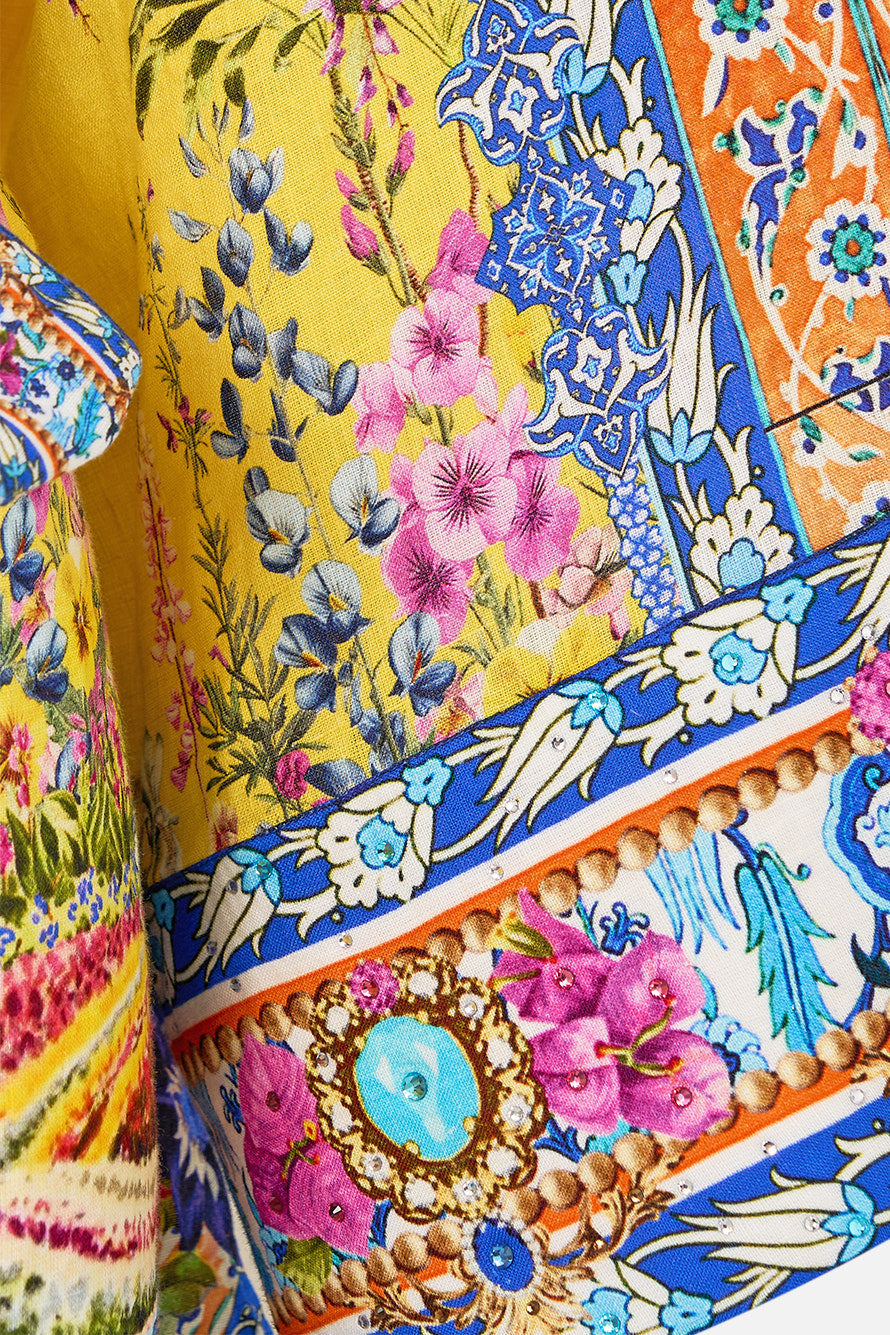 The CAMILLA CRINKLE STRETCH LONG SARONG WITH TRIM AND LEG SPLIT FELINE FOLKLORE in our  print.