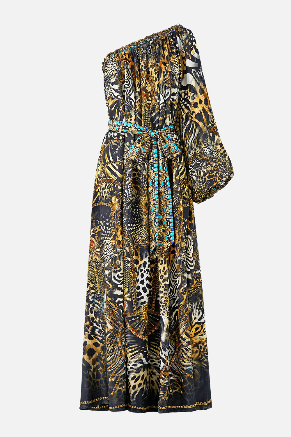 ONE SHOULDER DRESS WITH BLOUSON SLEEVE FELINE FOLKLORE