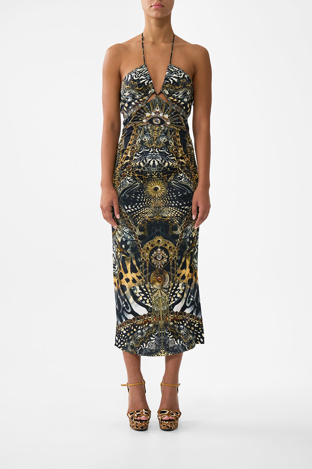 The CAMILLA RUFFLE HEM HALTER DRESS TURKISH DELIGHT in our  print.