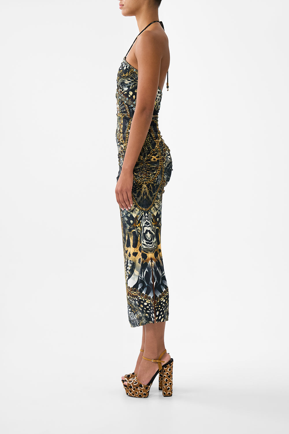 The CAMILLA RUCHED SKIMPY BIKINI BOTTOM WITH TIE SIDES HEIRLOOM EMPIRE in our  print.