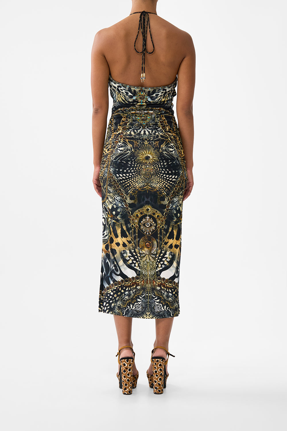 CUT OUT SLEEVELESS JERSEY HALTER NECK DRESS FELINE FOLKLORE