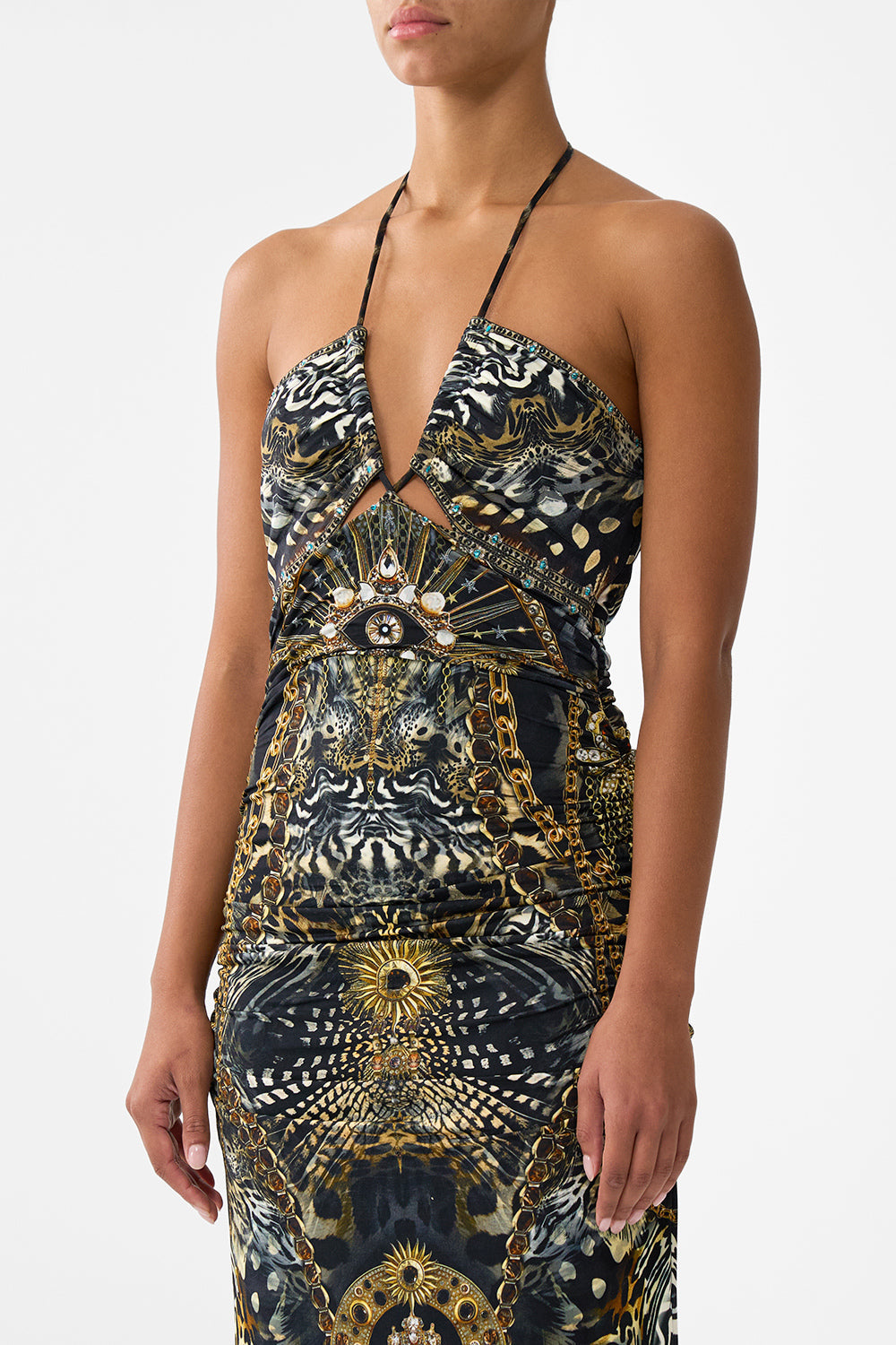 The CAMILLA RUCHED SKIMPY BIKINI BOTTOM WITH TIE SIDES HEIRLOOM EMPIRE in our  print.