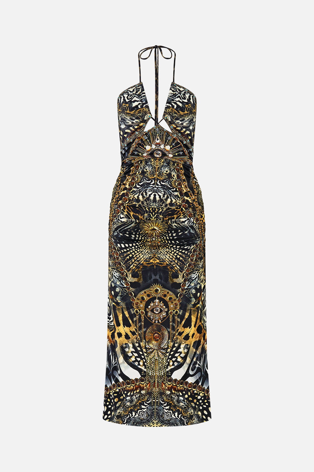 The CAMILLA cut out sleeveless jersey halter neck dress from our print feline folklore, front product view