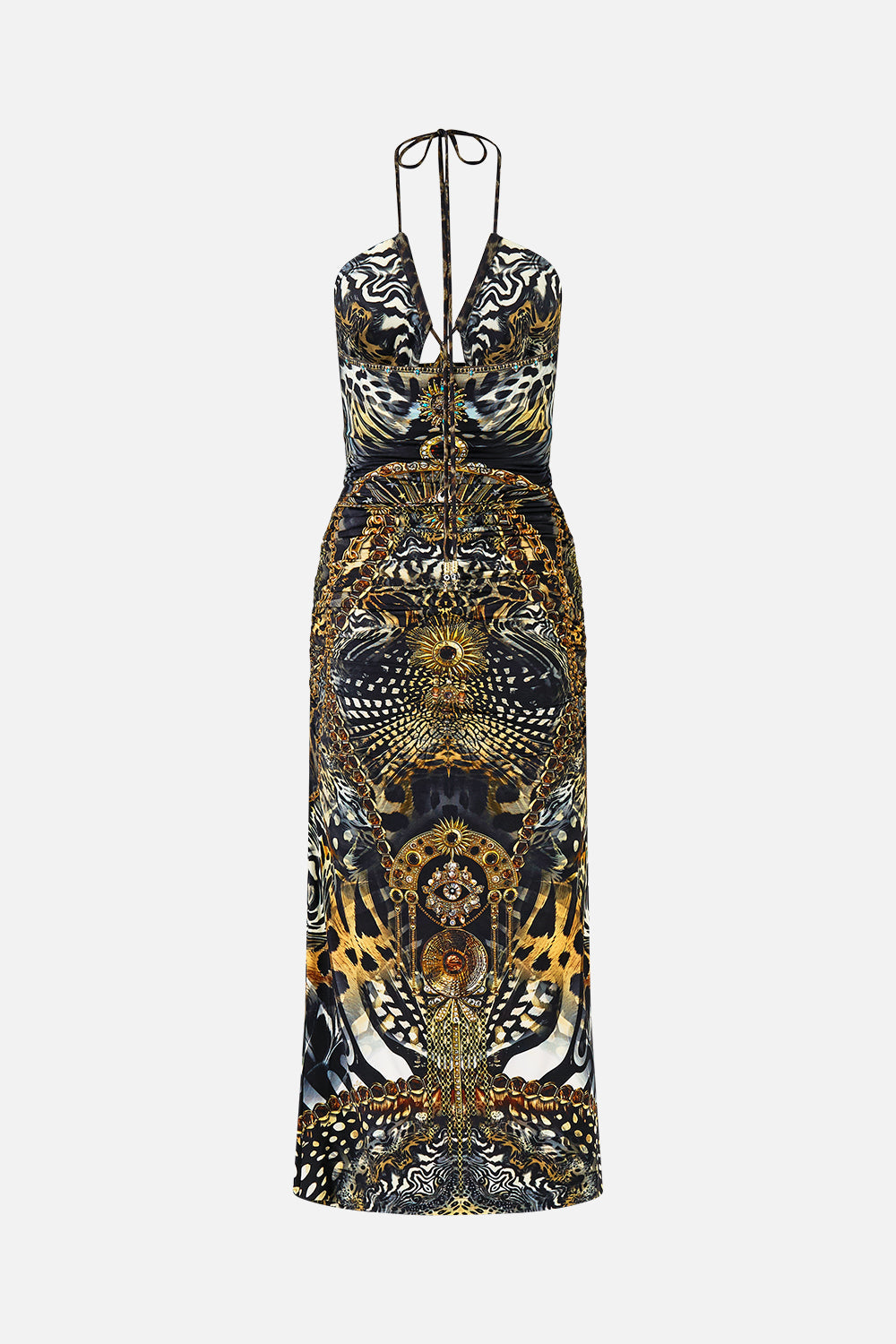 The CAMILLA RUCHED SKIMPY BIKINI BOTTOM WITH TIE SIDES HEIRLOOM EMPIRE in our  print.