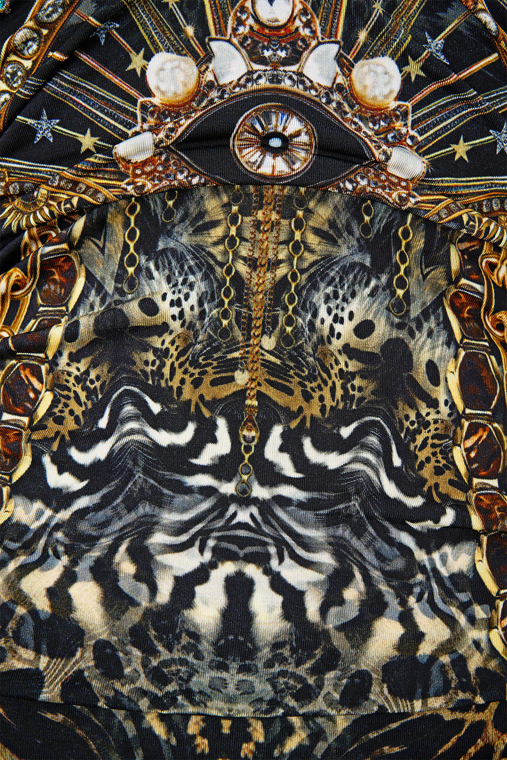 The CAMILLA cut out sleeveless jersey halter neck dress from our print feline folklore