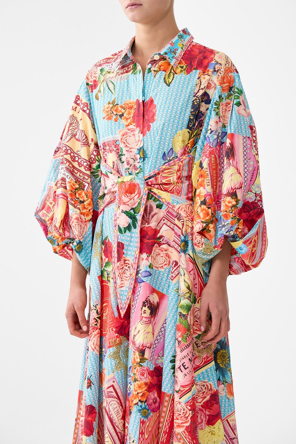 WAIST TIE SHIRT DRESS WITH BUBBLE SLEEVE PAPERS AND CURIOUS CAPERS