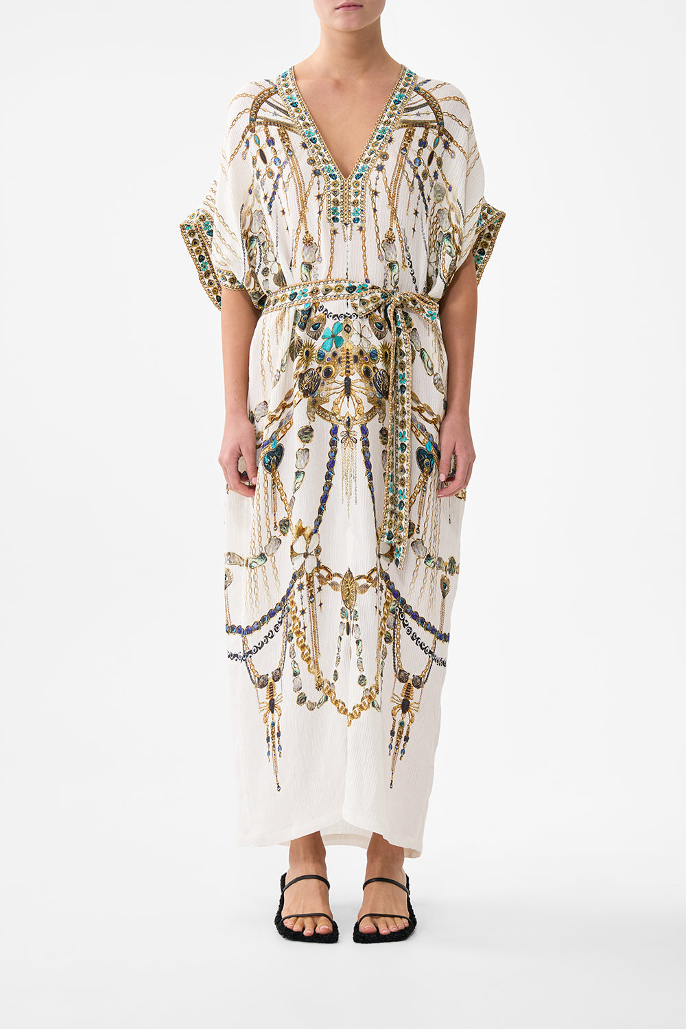 The CAMILLA WAISTED DRESS WITH HEM RUFFLE HEIRLOOM EMPIRE in our  print.