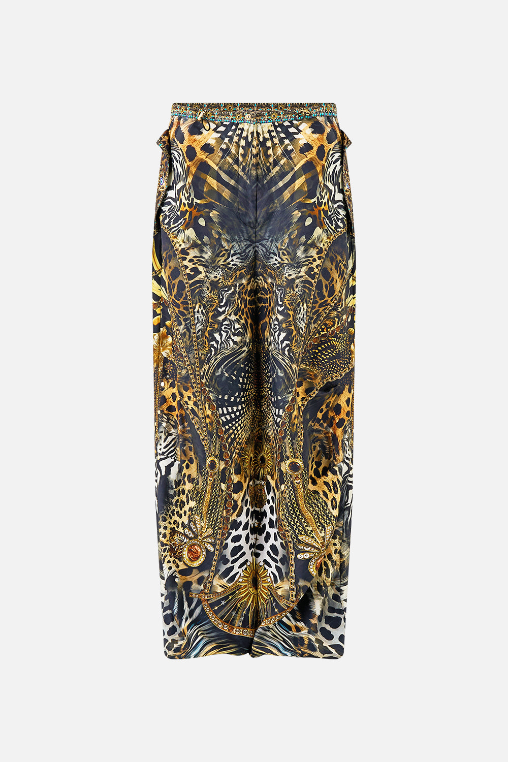 The CAMILLA MID LENGTH BOARDSHORT WITH ELASTIC WAIST AMULETS AND ALCHEMY in our  print.