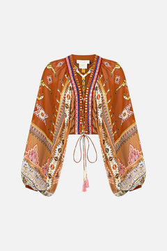 LACE UP FRONT BLOUSON SLEEVE BLOUSE FABRIC OF TIME