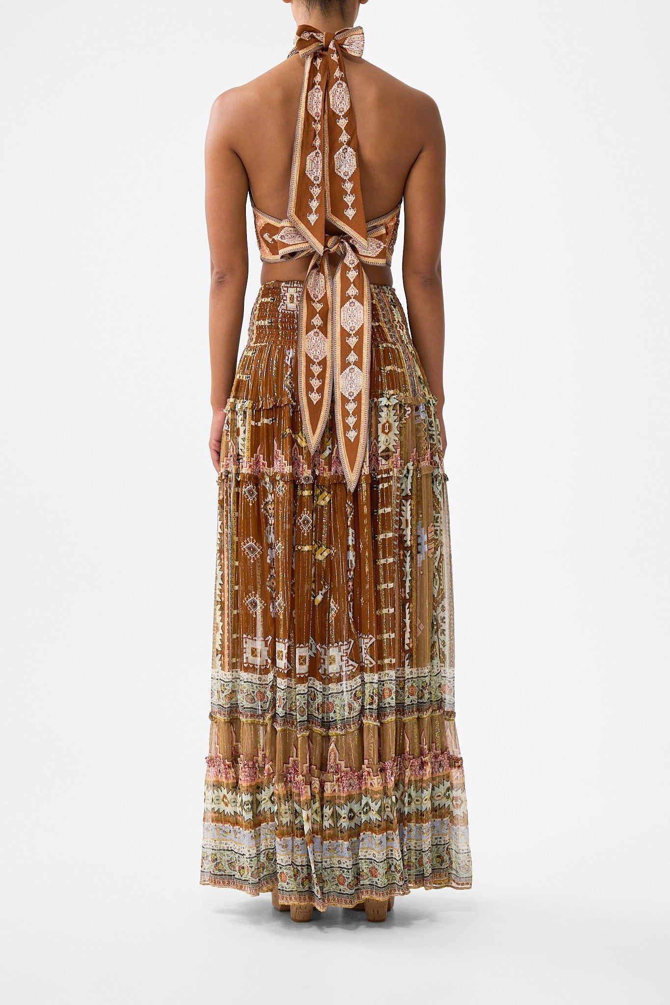 The CAMILLA LONG DRAPED LINEN JERSEY HALTER DRESS OTTOMAN DYNASTY in our  print.