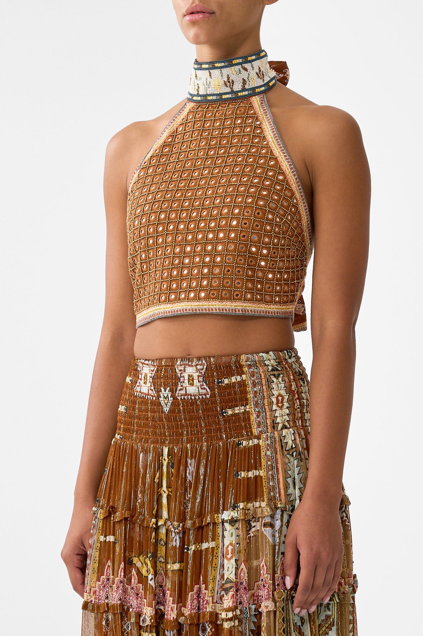 The CAMILLA LONG DRAPED LINEN JERSEY HALTER DRESS OTTOMAN DYNASTY in our  print.
