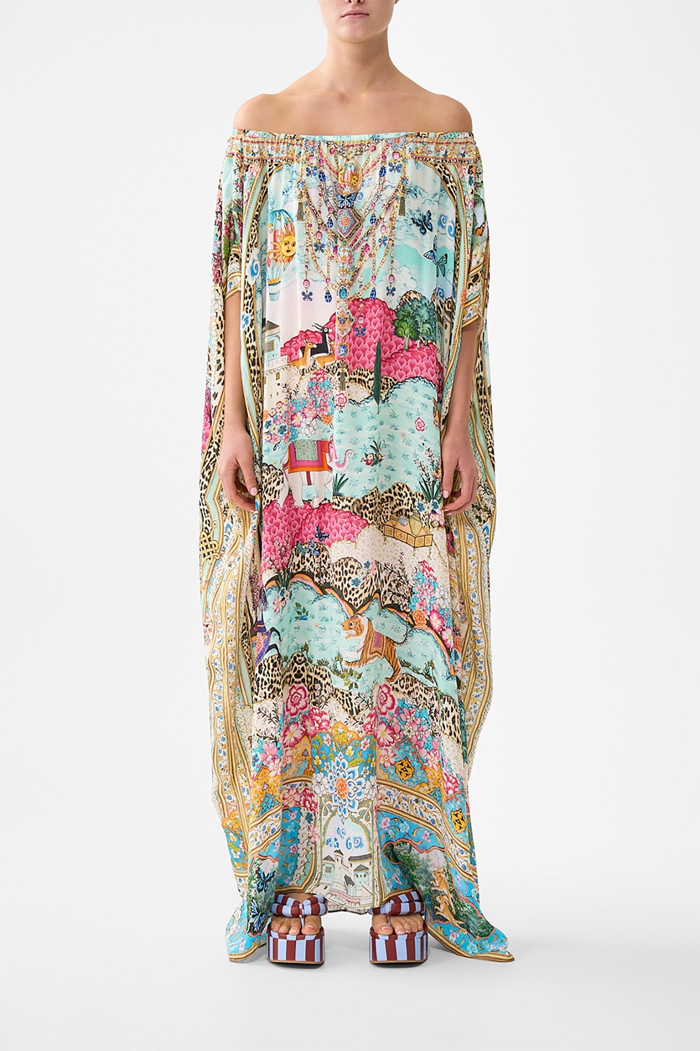 The CAMILLA TIE FRONT FRILL SLEEVE JUMPSUIT DARLING BUDS in our  print.
