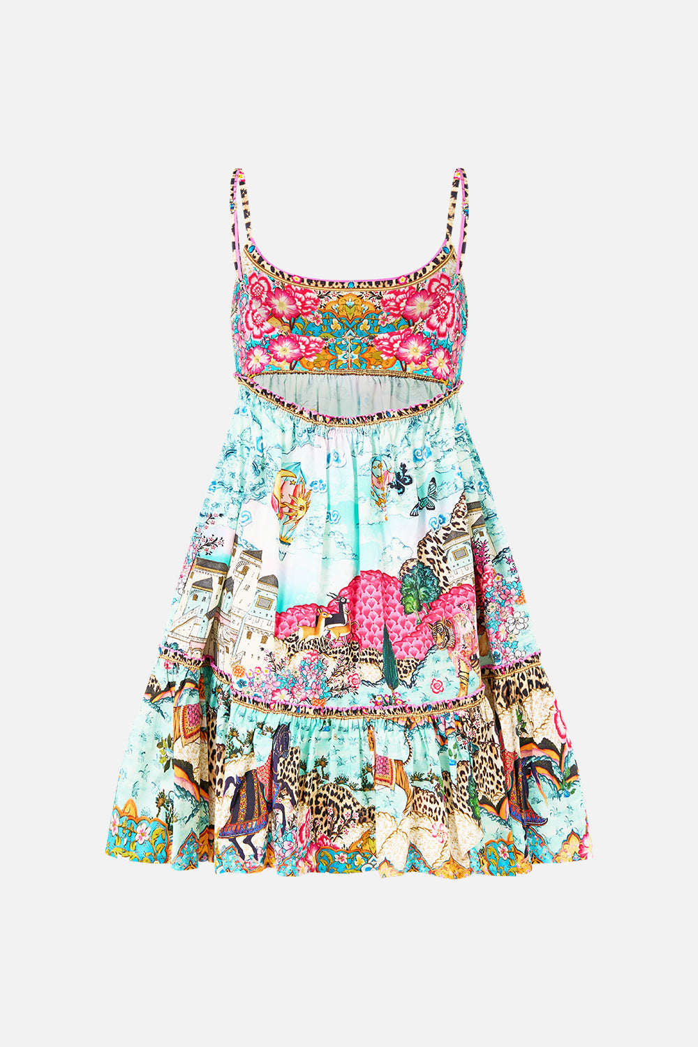 The CAMILLA KIDS JUMPSUIT W FRILL SHOULDER AND POCKETS PALATIAL PASTELS in our PALATIAL PASTELS print.