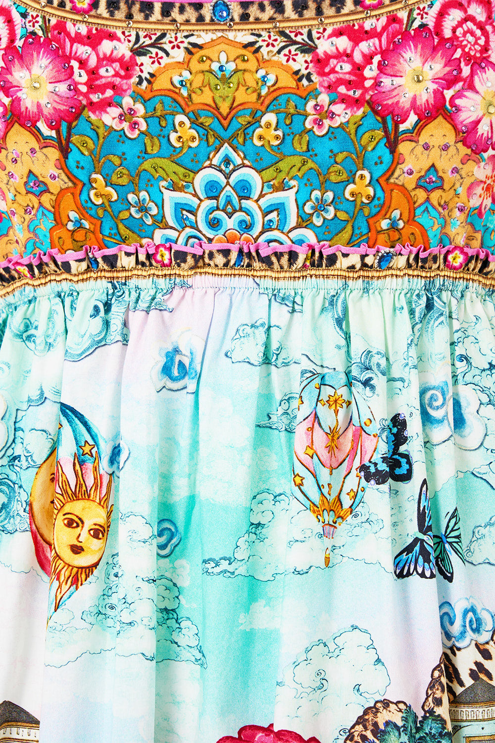 The CAMILLA KIDS JUMPSUIT W FRILL SHOULDER AND POCKETS PALATIAL PASTELS in our  print.