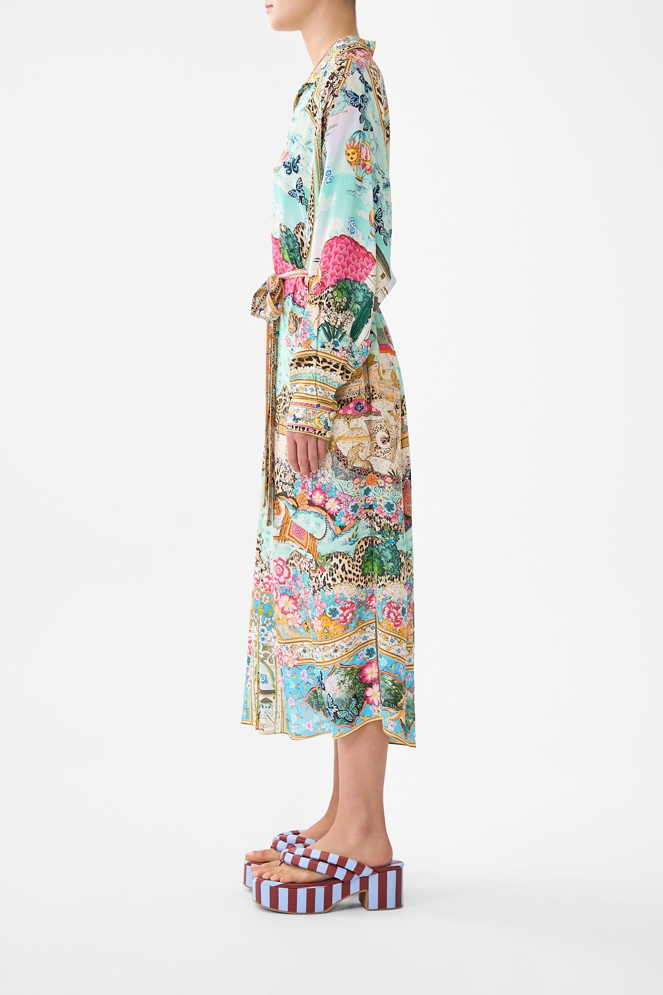 The CAMILLA BUTTON FRONT FRILL DRESS PALATIAL PASTELS in our PALATIAL PASTELS print.