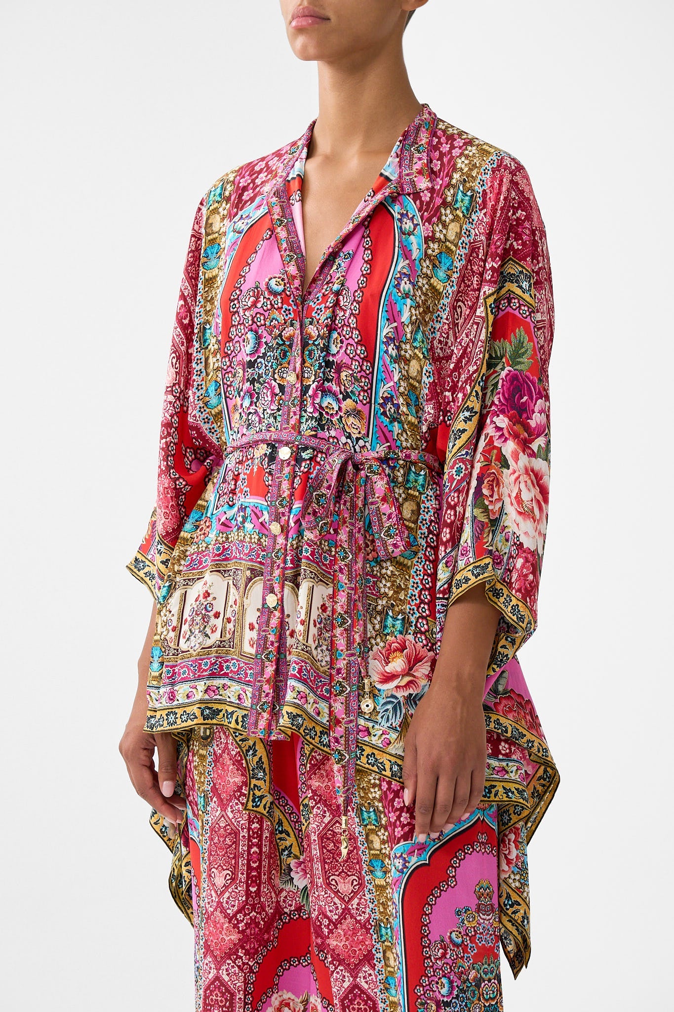 The CAMILLA BUTTON THROUGH SCARF BLOUSE BODRUM BOTANICALS in our  print.