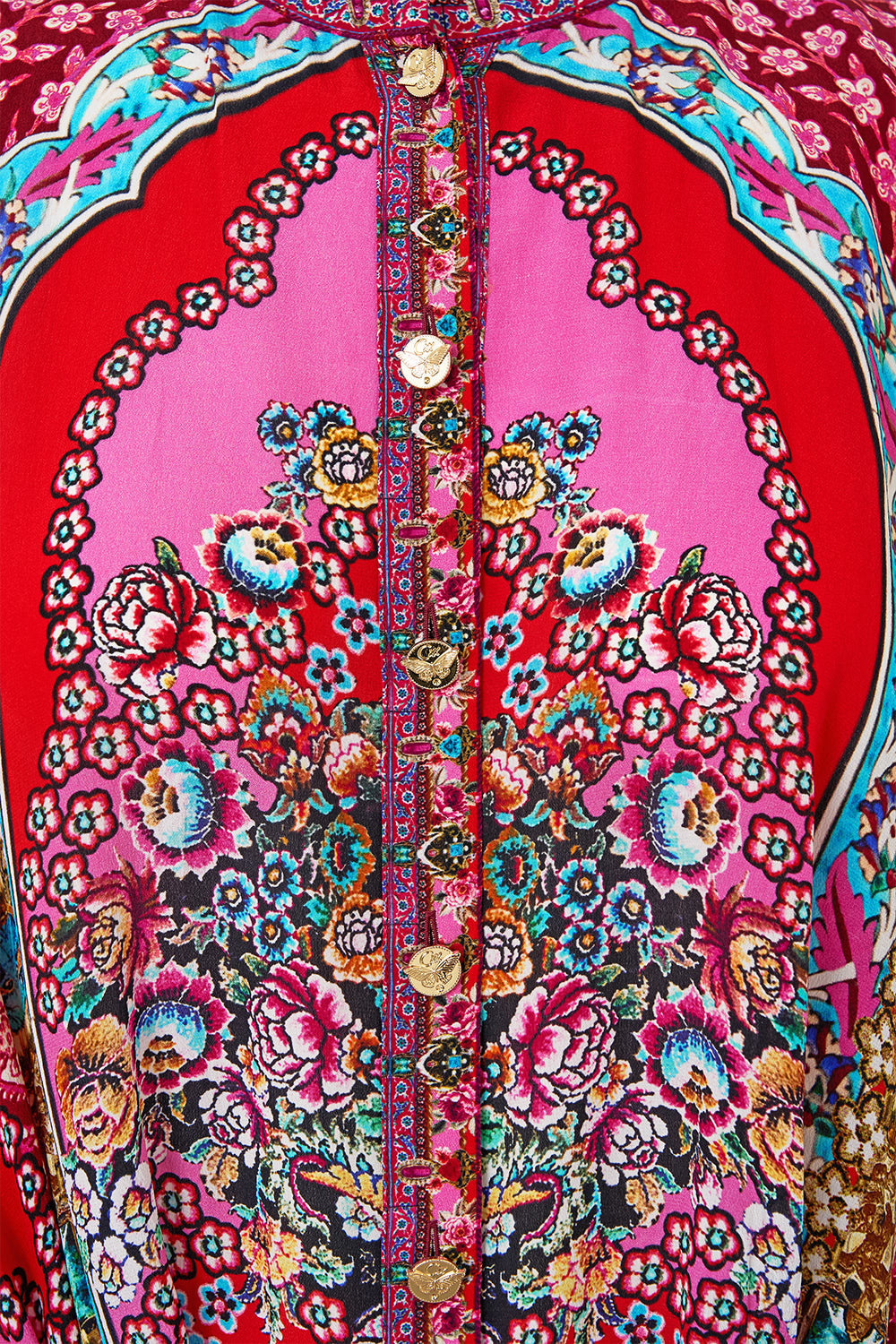 The CAMILLA BUTTON THROUGH SCARF BLOUSE BODRUM BOTANICALS in our  print.