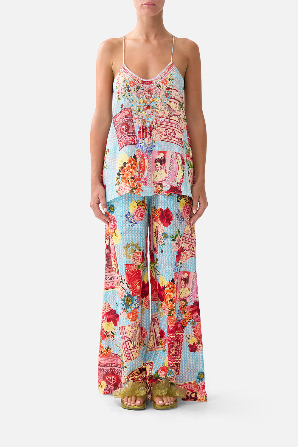 The CAMILLA LONG SPLIT FRONT TWIST DRESS FELINE FOLKLORE in our  print.