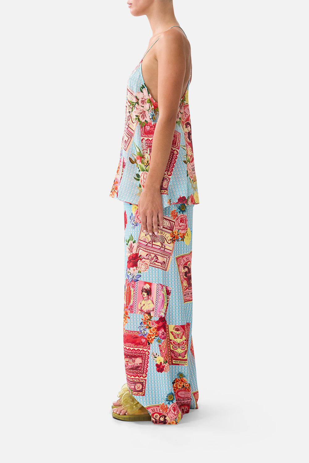 The CAMILLA LONG SPLIT FRONT TWIST DRESS FELINE FOLKLORE in our  print.