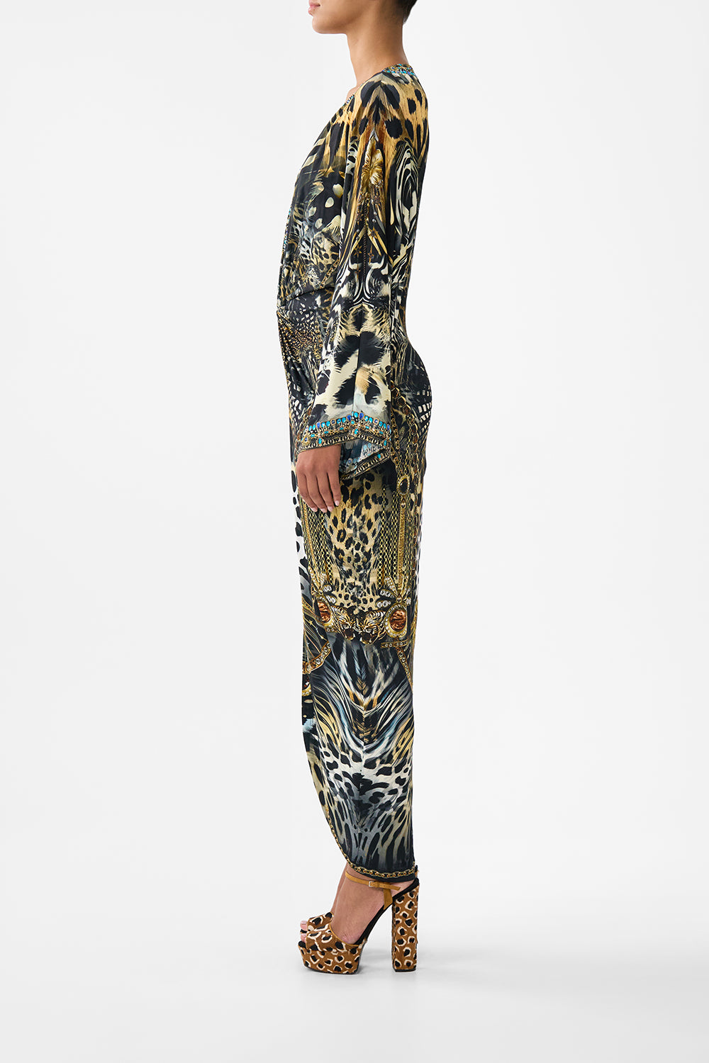 LONG SPLIT FRONT TWIST DRESS FELINE FOLKLORE