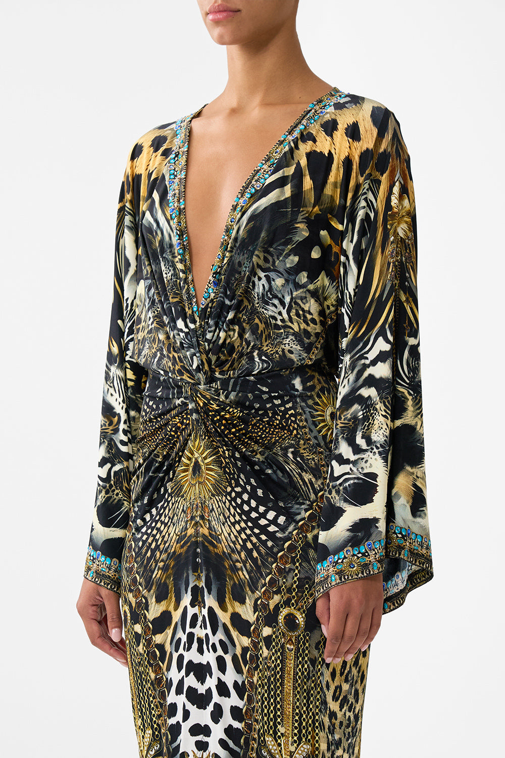 LONG SPLIT FRONT TWIST DRESS FELINE FOLKLORE