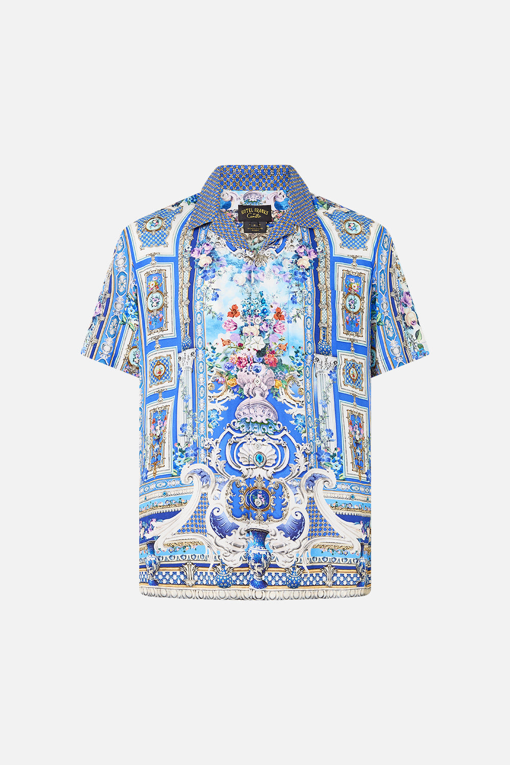 The CAMILLA RUFFLE HEM HALTER SHORT DRESS BODRUM BOTANICALS in our  print.