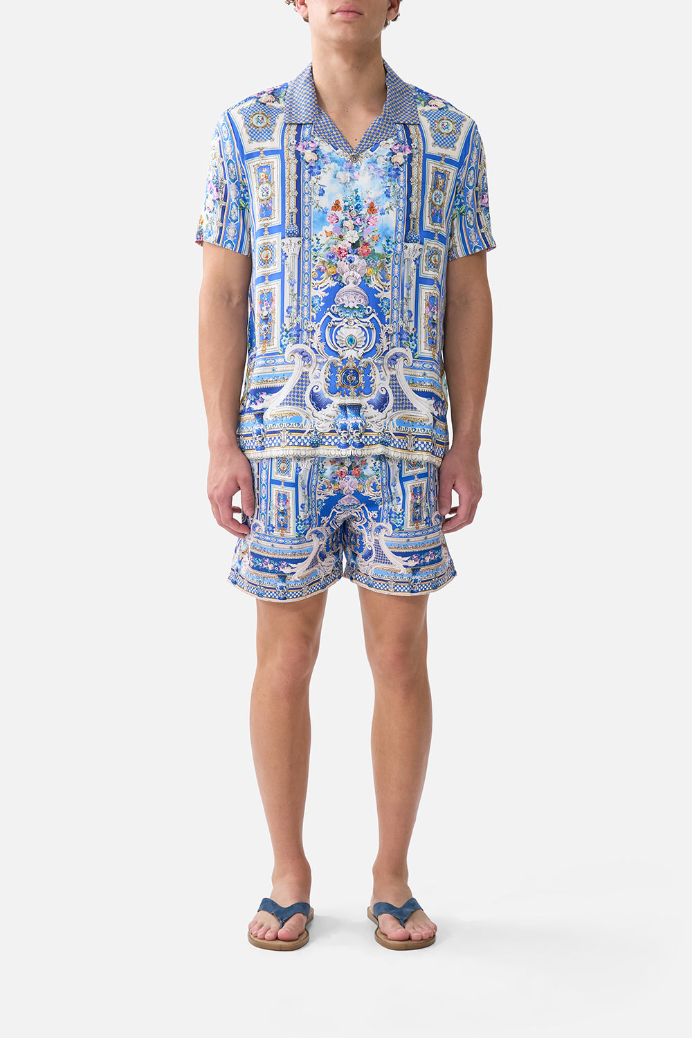 The CAMILLA RUFFLE HEM HALTER SHORT DRESS BODRUM BOTANICALS in our  print.