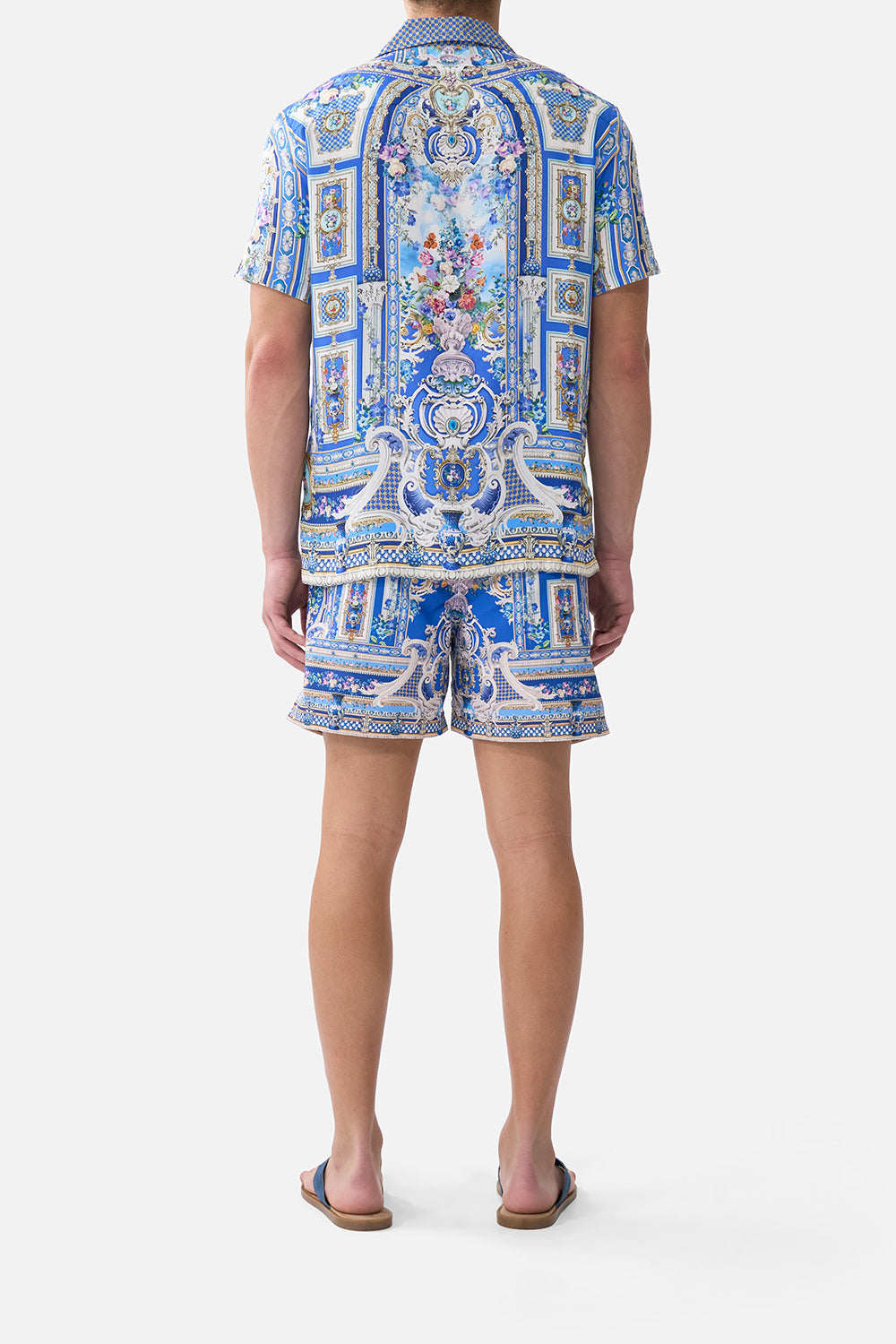 The CAMILLA RUFFLE HEM HALTER SHORT DRESS BODRUM BOTANICALS in our  print.