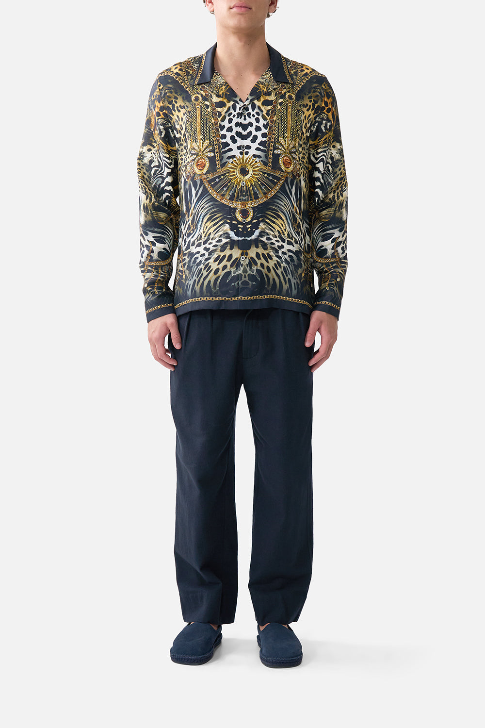 LONG SLEEVE CAMP COLLARED SHIRT FELINE FOLKLORE