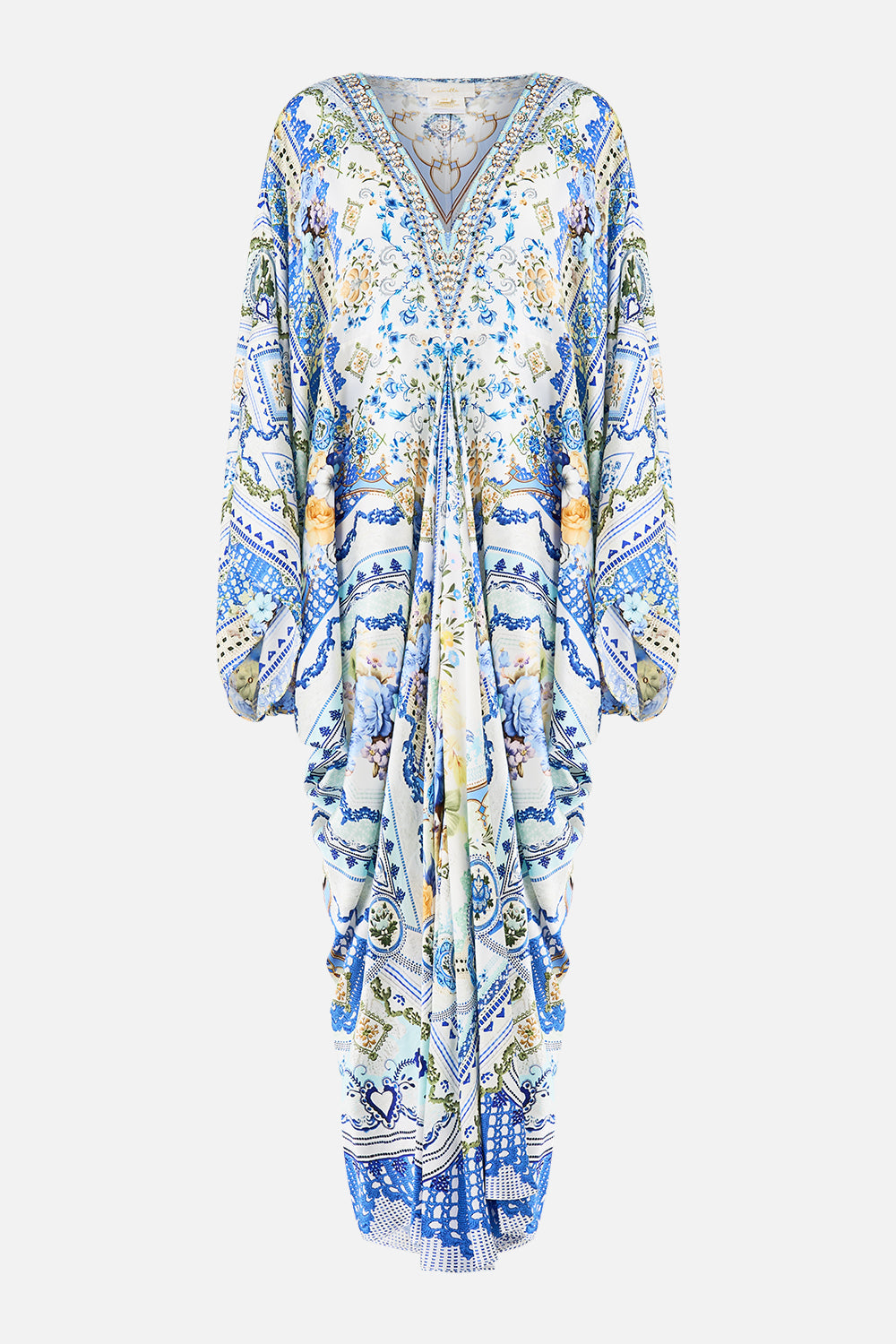 The CAMILLA SHORT FLARED DRESS WITH MACRAME DETAIL FABRIC OF TIME in our FABRIC OF TIME print.