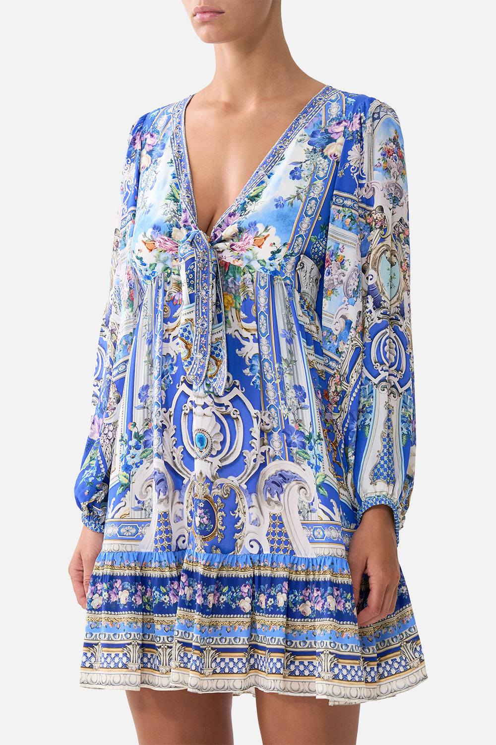 The CAMILLA RUFFLE SLEEVE LONG DRESS SEVILLIAN STYLE in our  print.