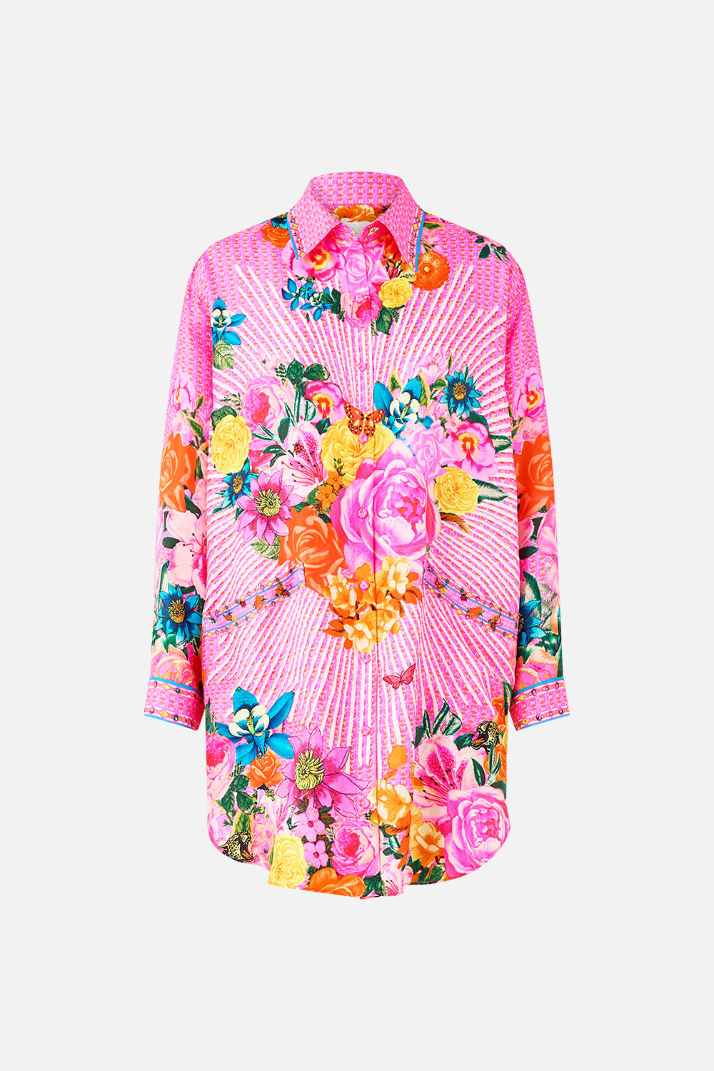 The CAMILLA KNIT KAFTAN WITH SILK NECKLINE TOTEMS AND TREASURES in our  print.