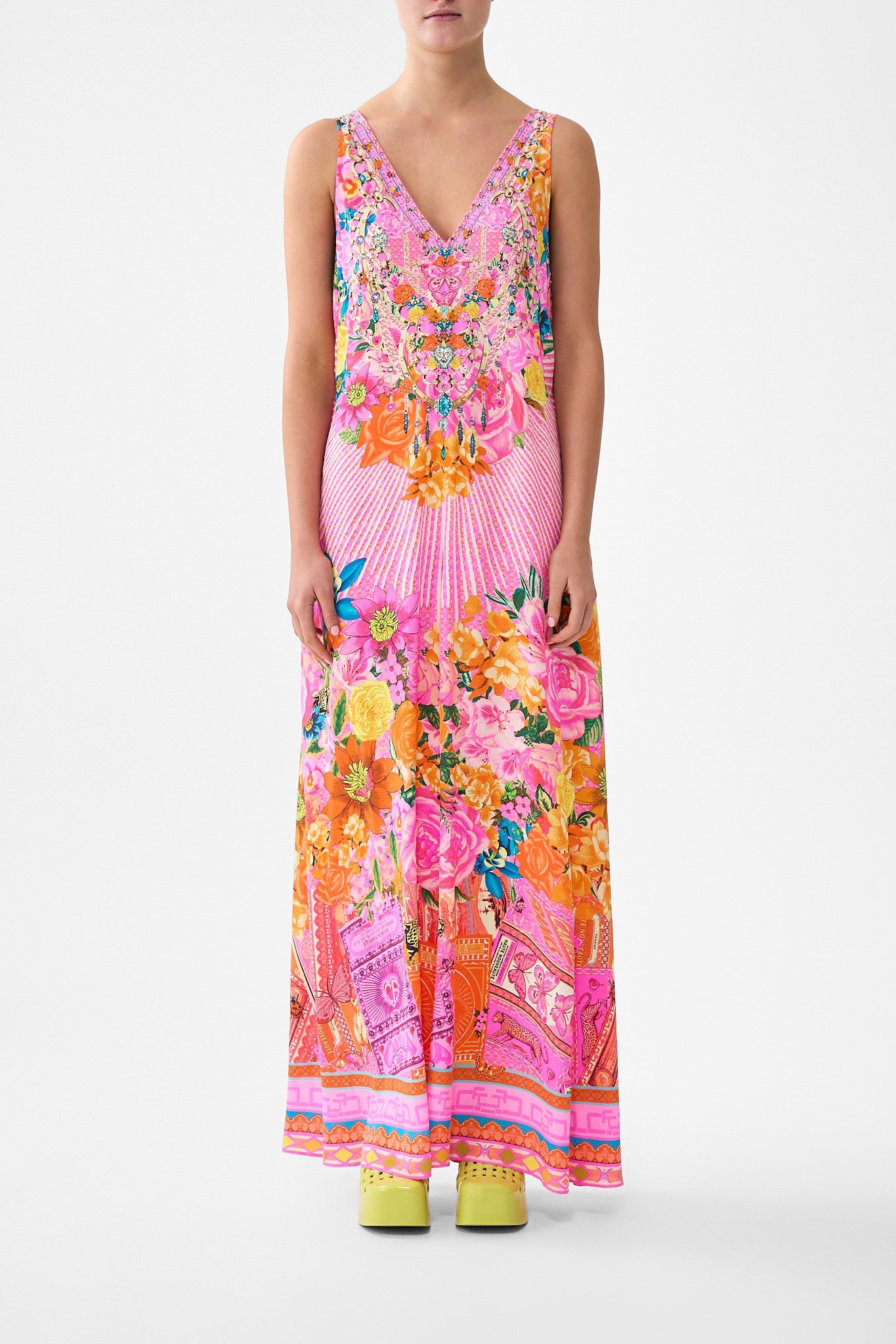 The CAMILLA RUFFLE HEM HALTER DRESS AMULETS AND ALCHEMY in our  print.