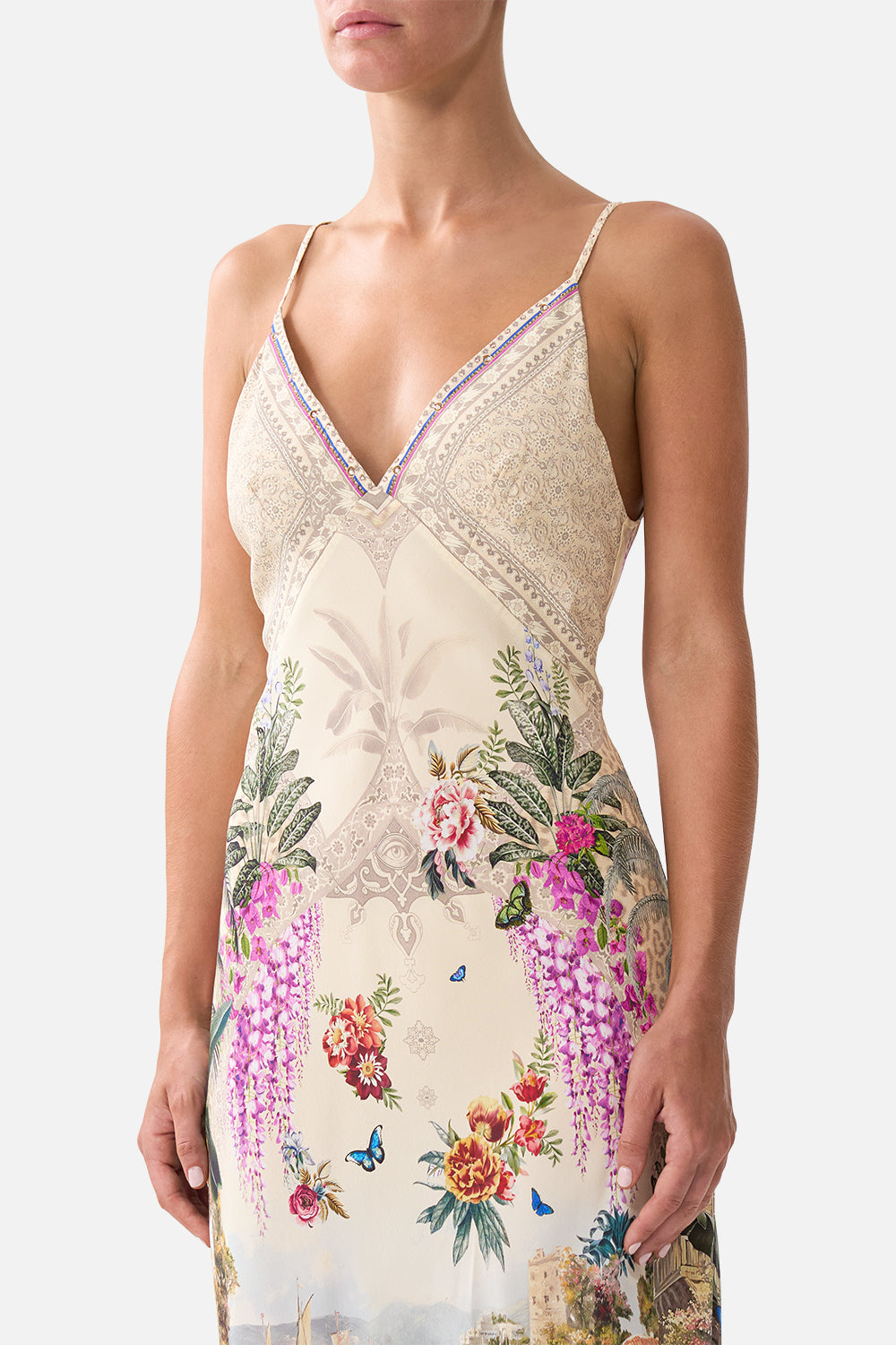 V-NECK FULL LENGTH BIAS SLIP DRESS BODRUM BOTANICALS