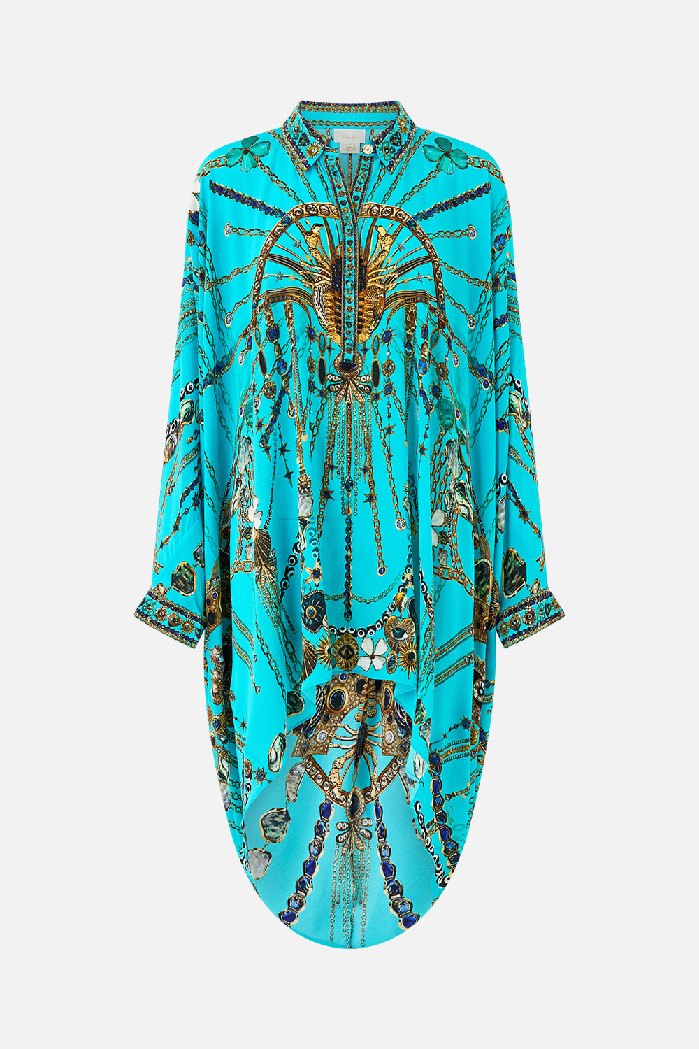The CAMILLA WIDE SLEEVE GATHERED MIDI DRESS NOTES FROM THE BLUE ROOM in our  print.