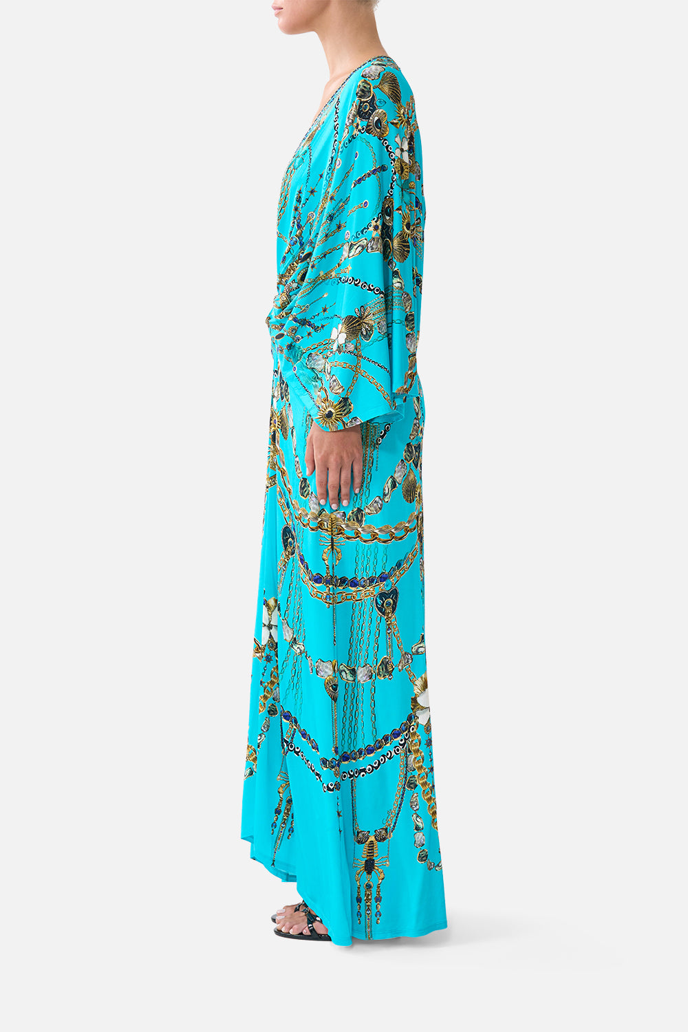 The CAMILLA HIGH TRI ONE PIECE WITH EYELET TIE FRONT TRIM ESPAÑA NIRVANA in our ESPAÑA NIRVANA print.