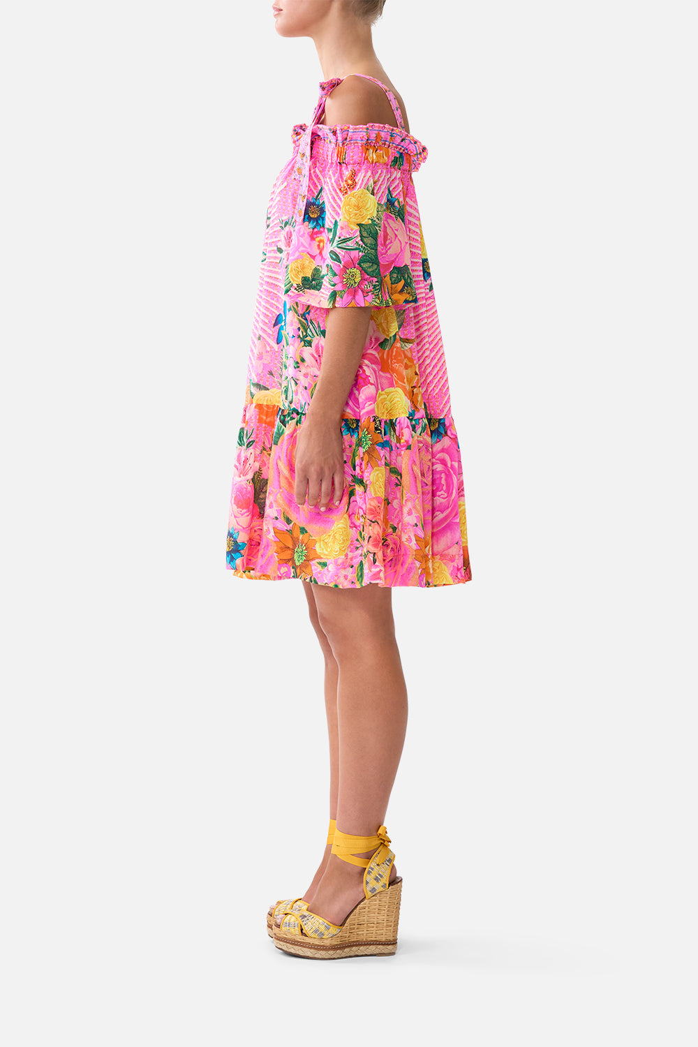 OFF SHOULDER FRILL DRESS WITH STRAPS ILLUSTRATION NATION