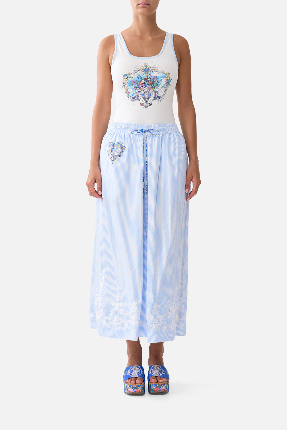 The CAMILLA COLD SHOULDER RUFFLE TOP THE HUM OF THE ALHAMBRA in our  print.