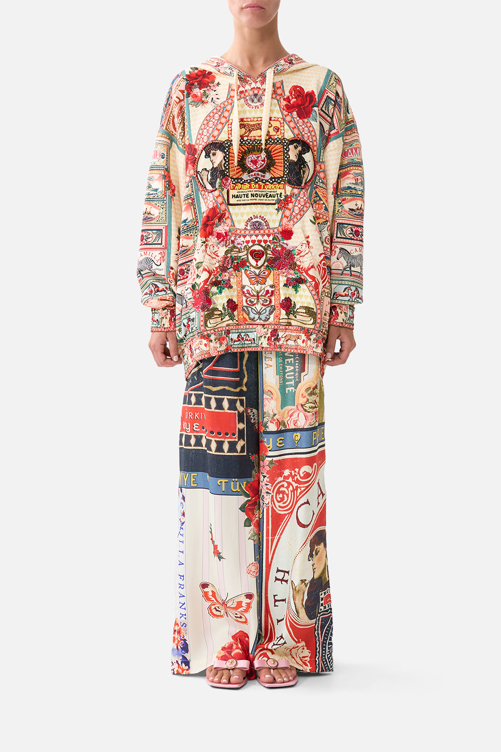 The CAMILLA KIMONO SLEEVE DRESS WITH SHIRRING DETAIL NAVÀS NOUVEAU in our  print.
