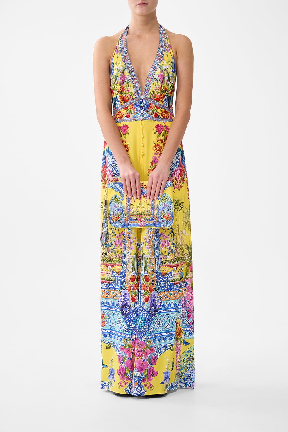 The CAMILLA LONG HIGH WAISTED TIERED SKIRT COLLAGE KINGDOM in our  print.
