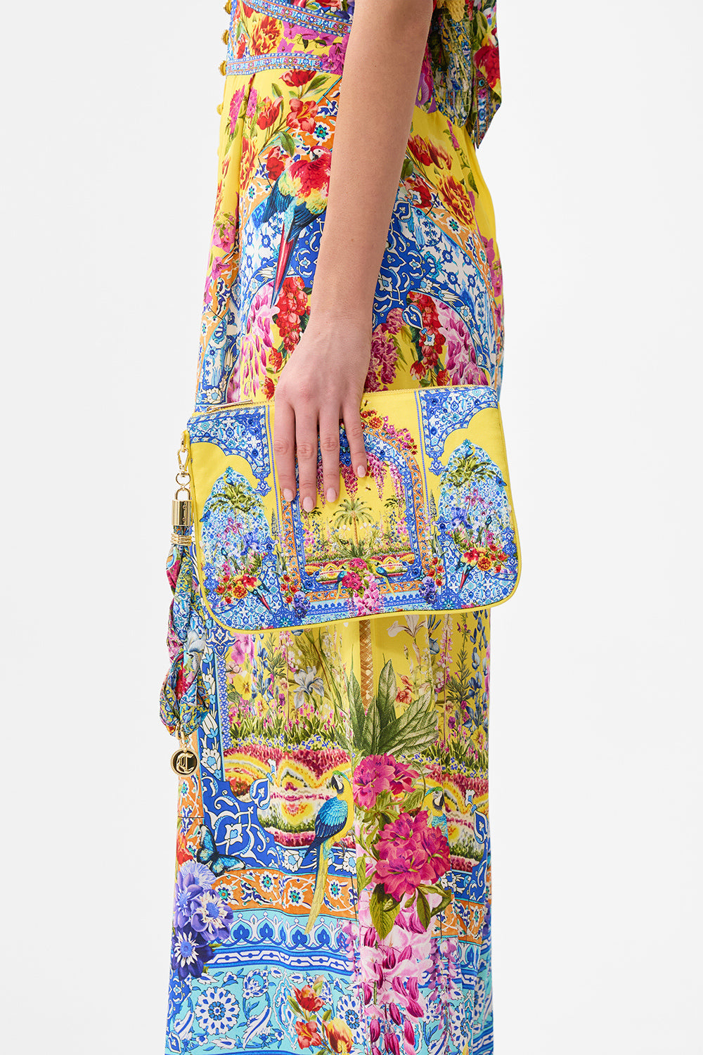 The CAMILLA LONG HIGH WAISTED TIERED SKIRT COLLAGE KINGDOM in our  print.