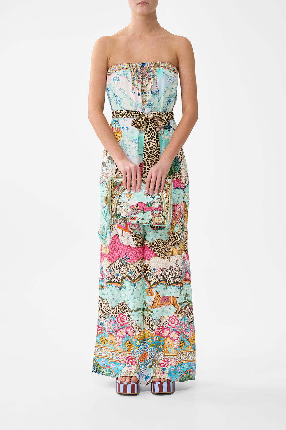 The CAMILLA V NECK FLARED JUMPSUIT JUNGLE FLIGHT in our  print.