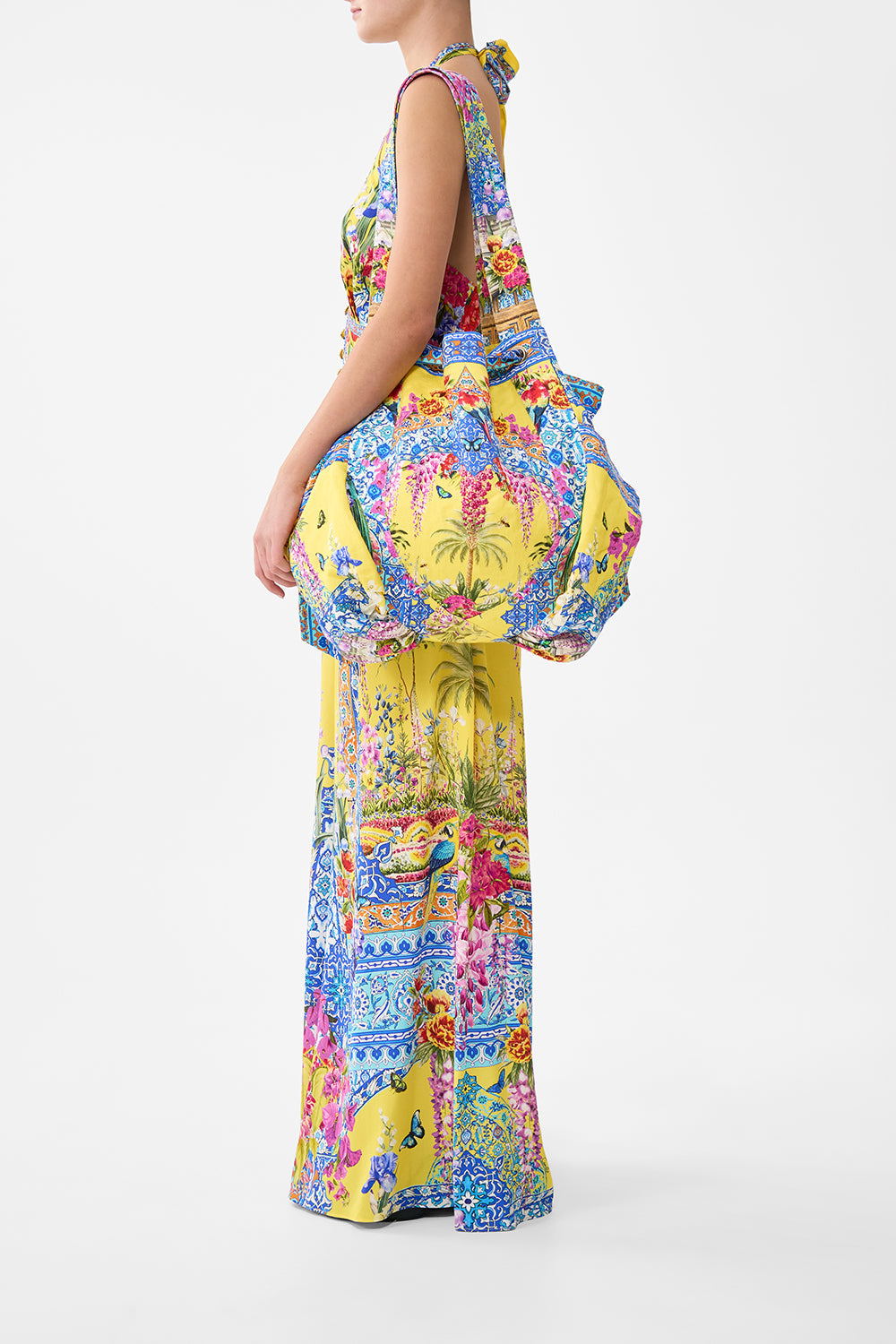 The CAMILLA TAILORED PANT WITH WAIST BUTTON DETAIL A TILED WONDERLAND in our  print.