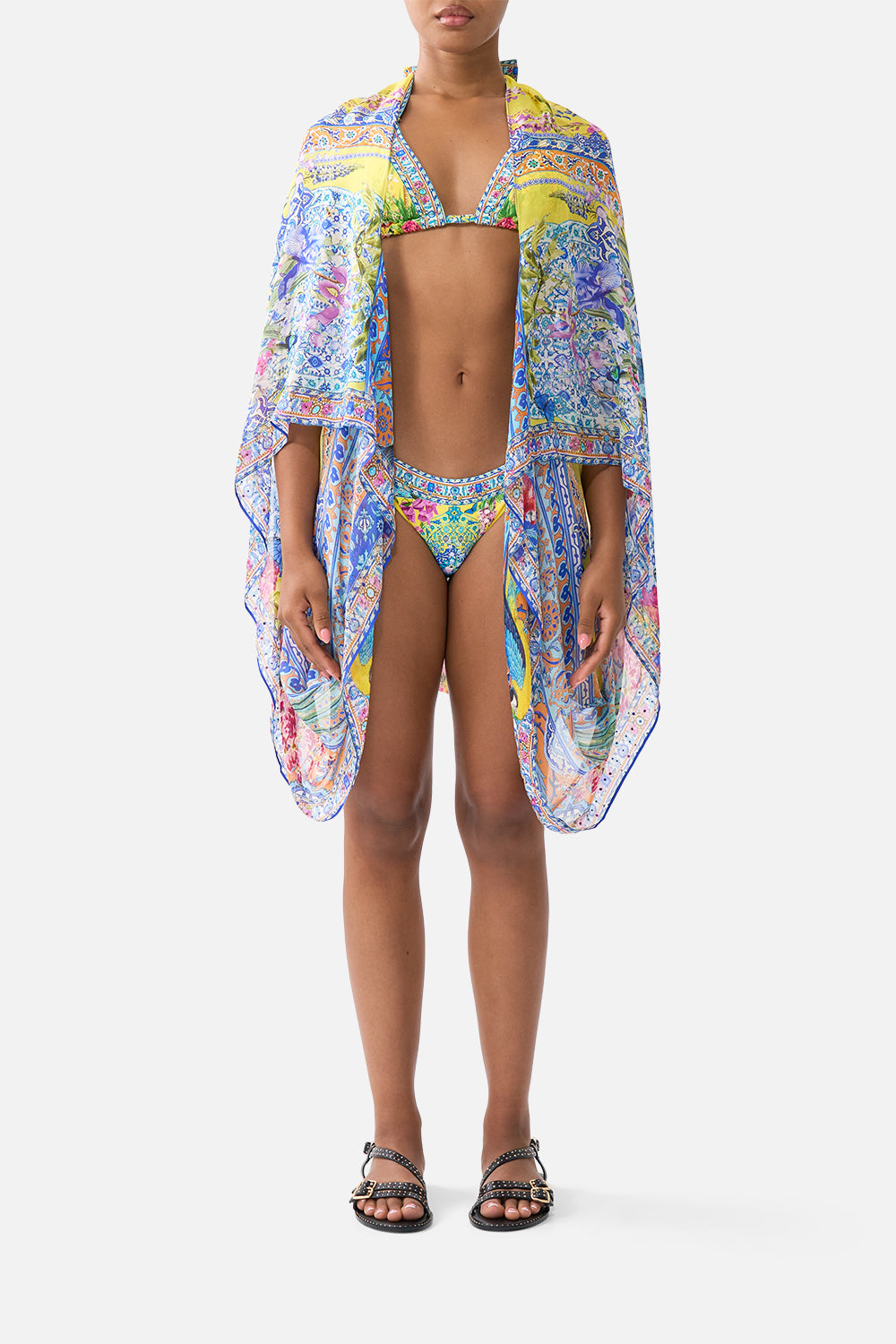 The CAMILLA TIERED SWING MINI DRESS A TILED WONDERLAND in our  print.